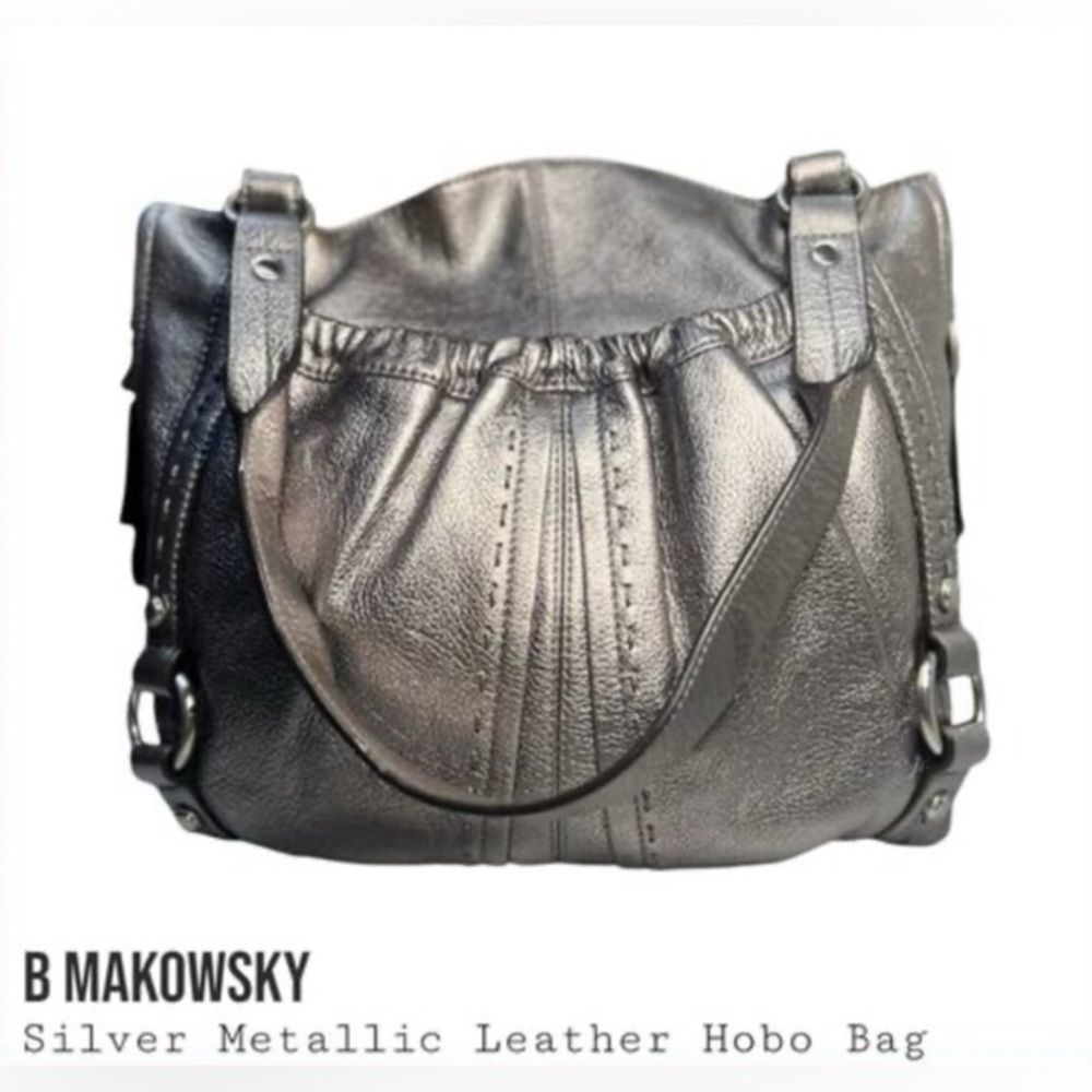 NWT B MAKOWSKY Pebbled Leather Hobo Boho w/Side Zipper Purse - Silver/Pewter